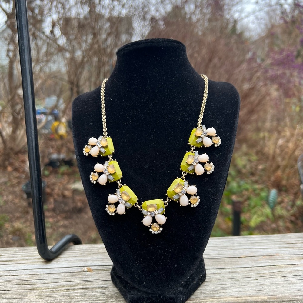 J Crew Gold Tone Necklace Green Light Pink StonesWith Rhinestones Length 18”-21”